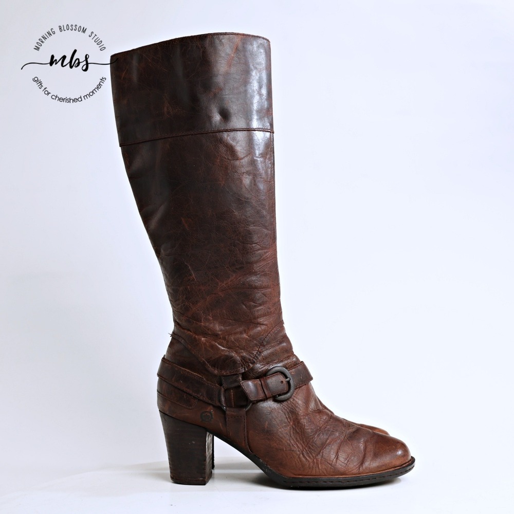 Born Brittney Distressed Leather Harness Block Heel Tall Boots Brown Women 10